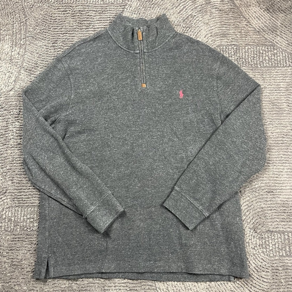 Polo Ralph Lauren Men's XL 1/4 Zip Sweater Gray Cotton Fleece Pullover Red Pony